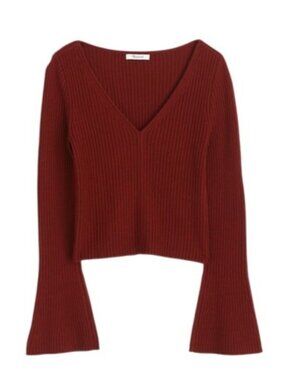Madewell Ribbed V-Neck Sweater Top in Merino Wool~Size M~Deep Rust Red NWoT L726